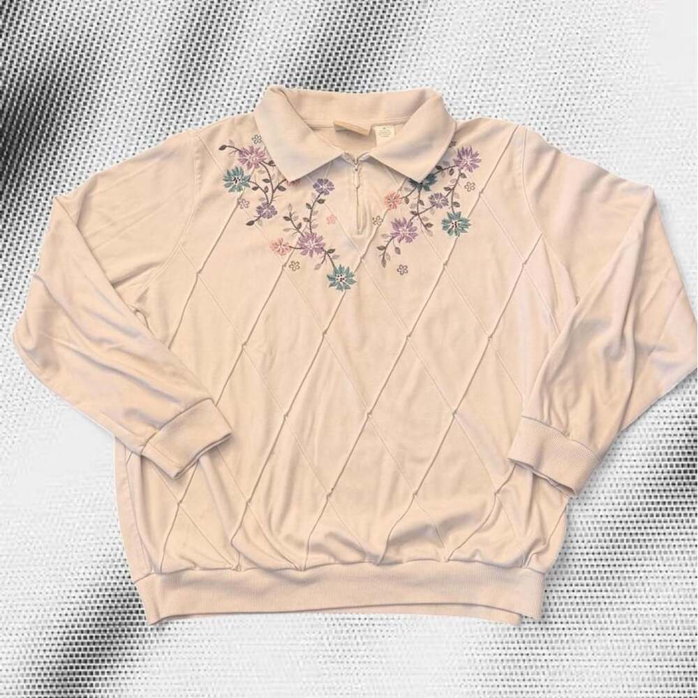 Alfred Dunner Vintage 90s Floral Embroidered Quarter Zip Pullover Sweatshirt 2X